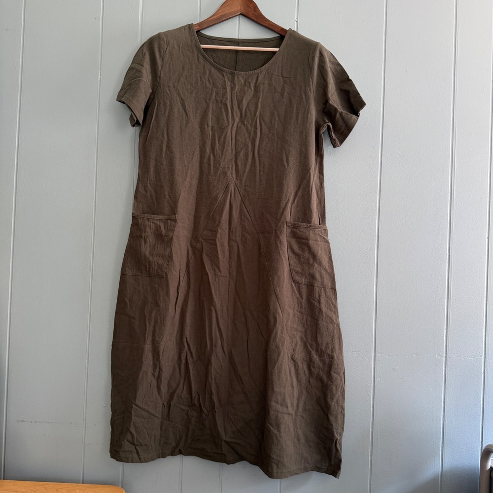 Women Brown Lagenlook Short Sleeve Midi Dress w/ Pockets Size Large Artsy Mori